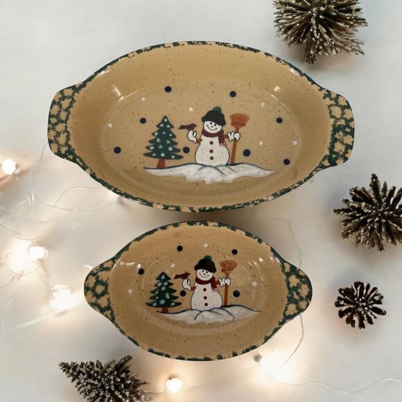 Country Snowman Stoneware Oval Casserole Set - Picture 1 of 11